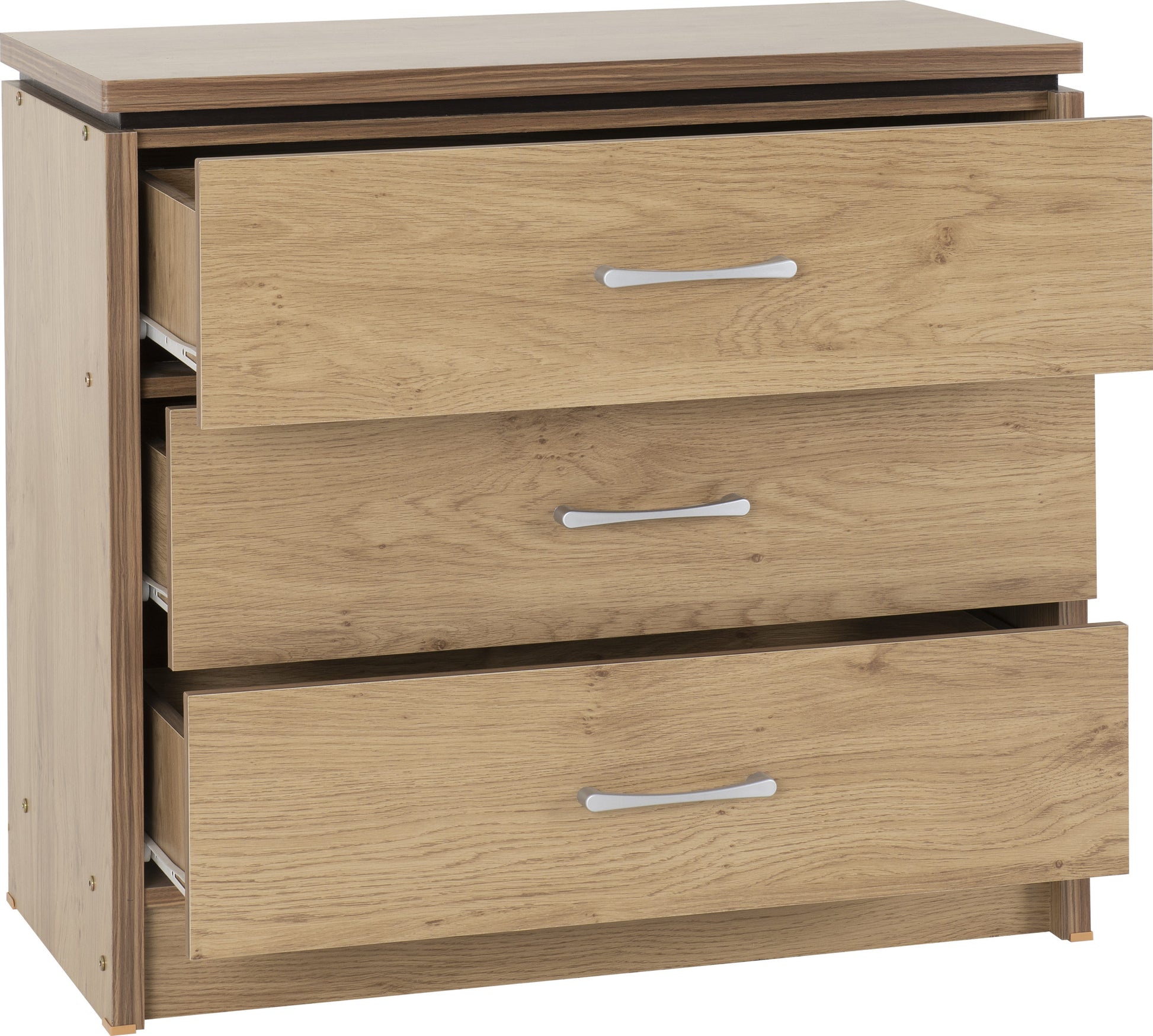 Charles 3 Drawer Chest - Oak Effect Veneer with Walnut Trim