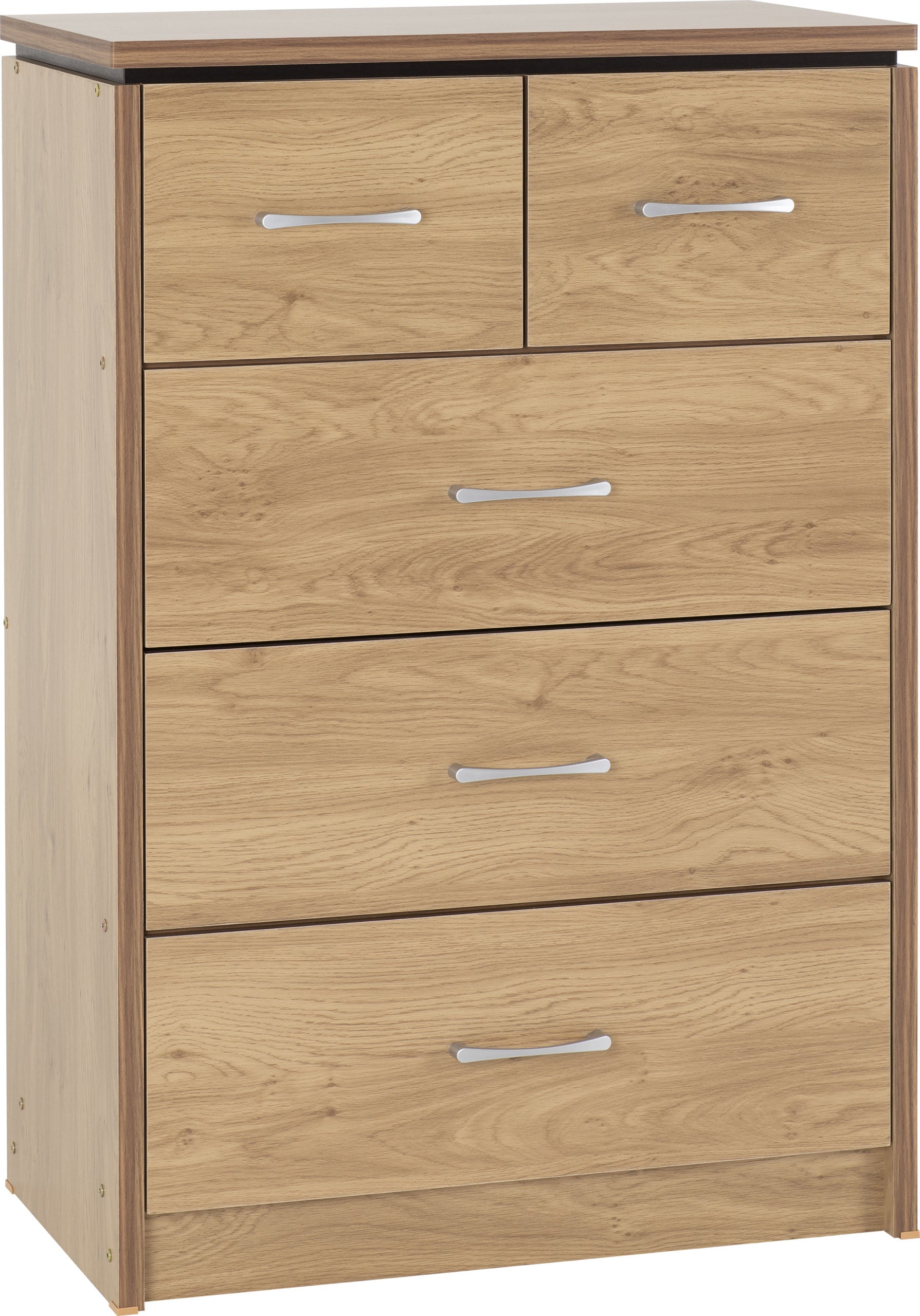 Charles 3+2 Drawer Chest Oak Effect Veneer with Walnut Trim