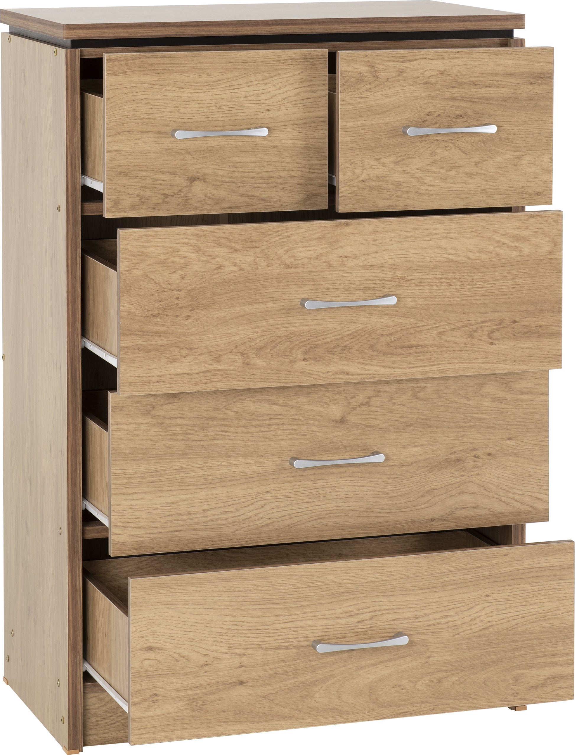 Charles 3+2 Drawer Chest Oak Effect Veneer with Walnut Trim