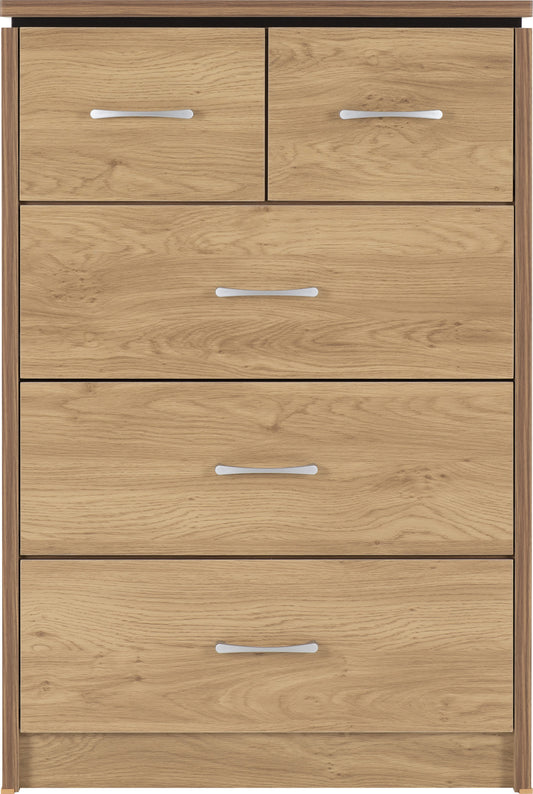 Charles 3+2 Drawer Chest Oak Effect Veneer with Walnut Trim