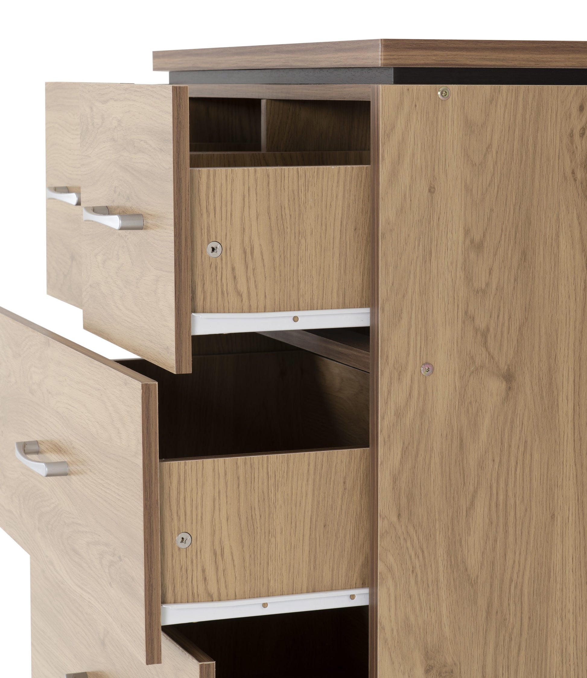 Charles 3+2 Drawer Chest Oak Effect Veneer with Walnut Trim