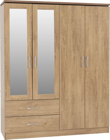 Charles 4 Door 2 Drawer Mirrored Wardrobe - Oak Effect Veneer with Walnut Trim