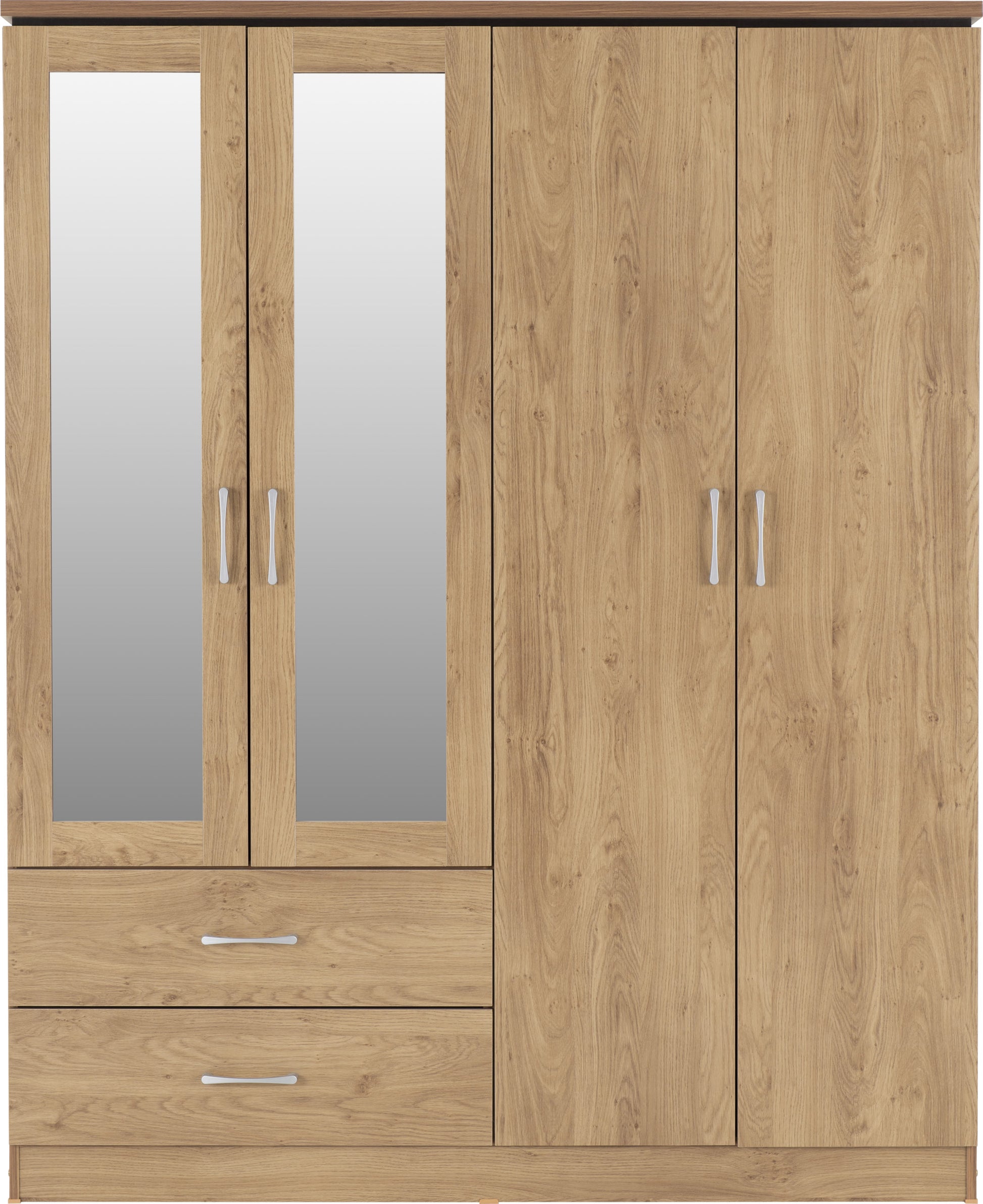 Charles 4 Door 2 Drawer Mirrored Wardrobe - Oak Effect Veneer with Walnut Trim-scaled.jpg