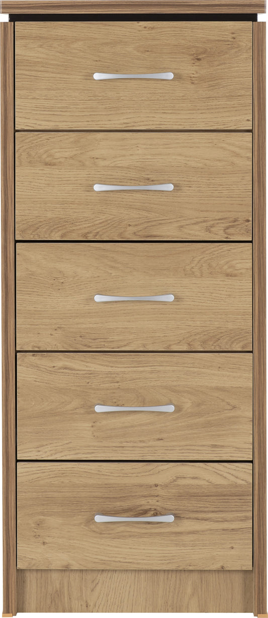 Charles 5 Drawer Narrow Chest - Oak Effect Veneer with Walnut Trim