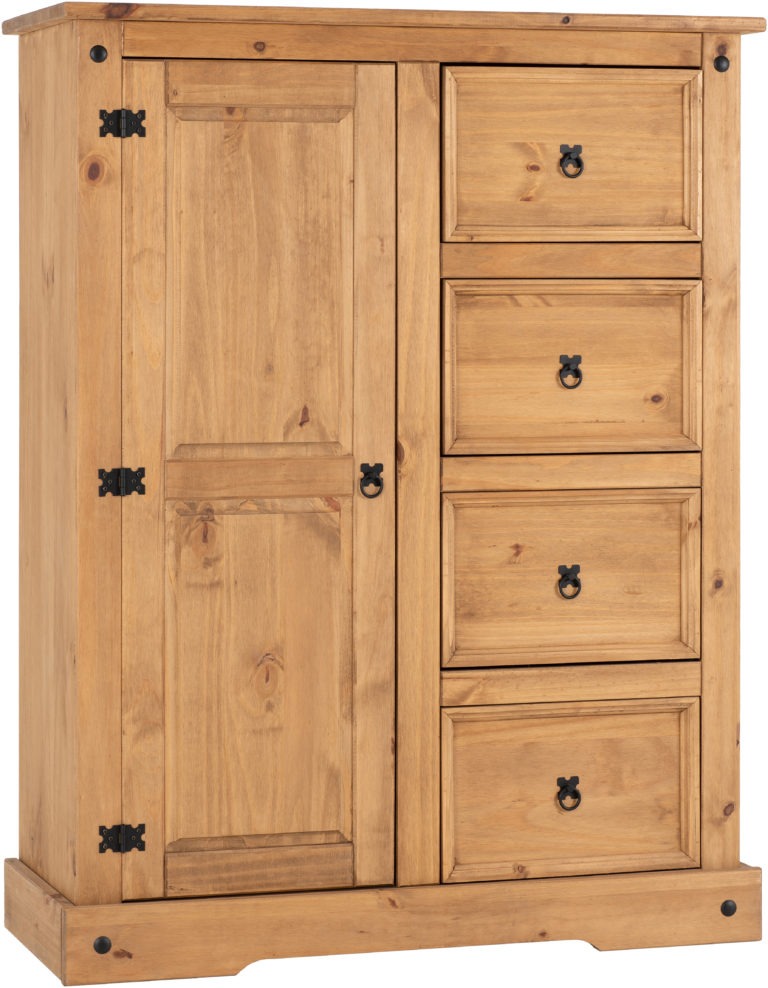 Corona 1 Door 4 Drawer Low Wardrobe Distressed Waxed Pine- The Right Buy Store