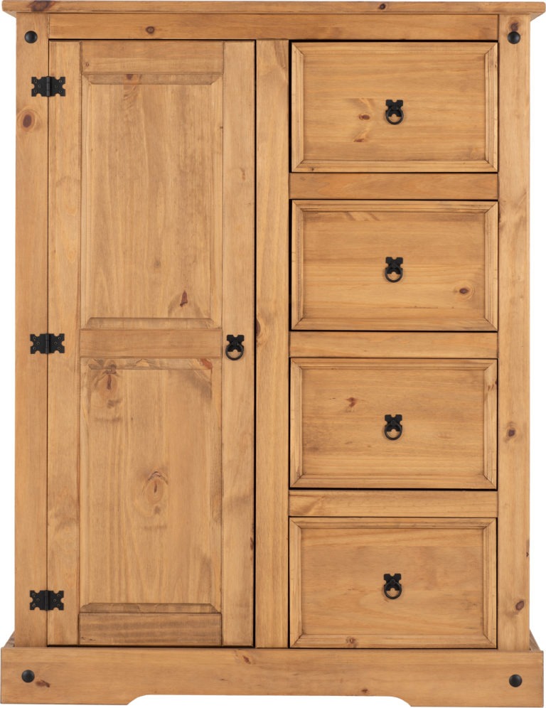 Corona 1 Door 4 Drawer Low Wardrobe Distressed Waxed Pine- The Right Buy Store