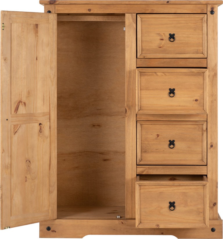 Corona 1 Door 4 Drawer Low Wardrobe Distressed Waxed Pine- The Right Buy Store