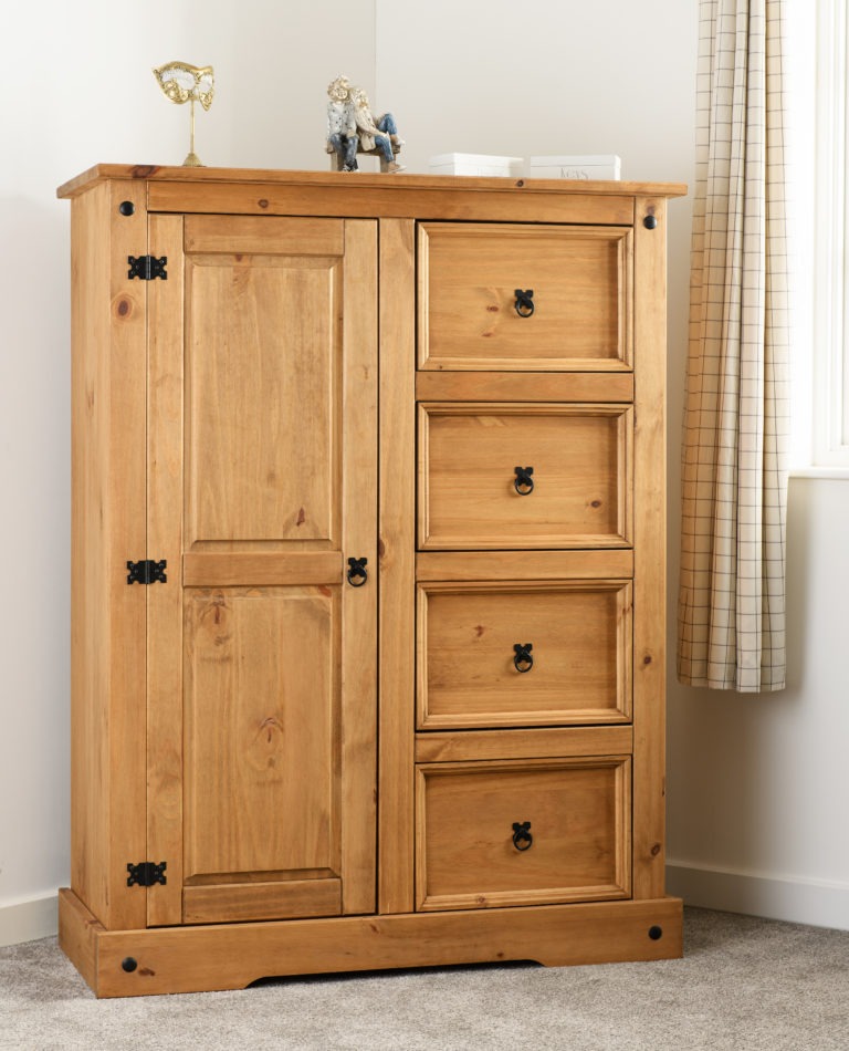 Corona 1 Door 4 Drawer Low Wardrobe Distressed Waxed Pine- The Right Buy Store