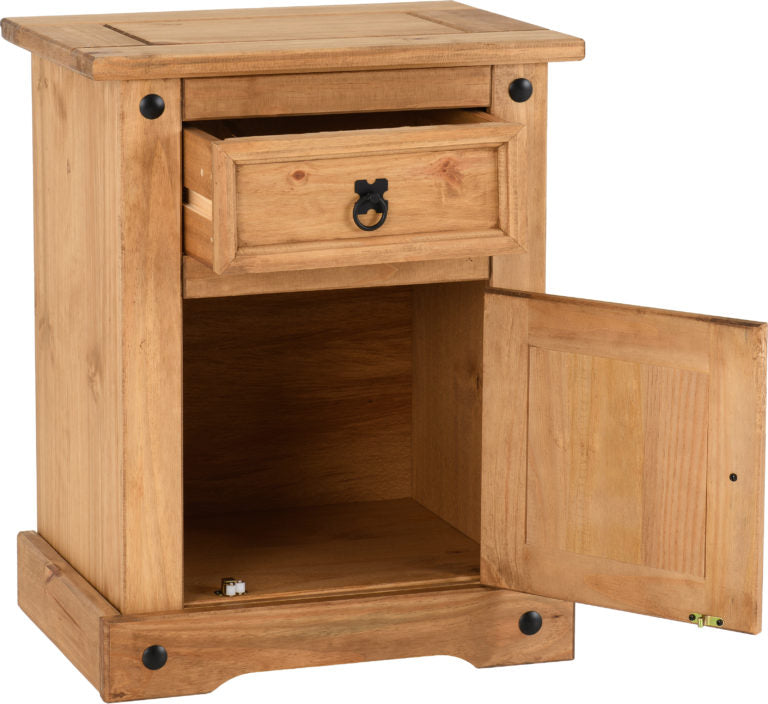 Corona 1 Drawer 1 Door Bedside Cabinet Distressed Waxed Pine- The Right Buy Store