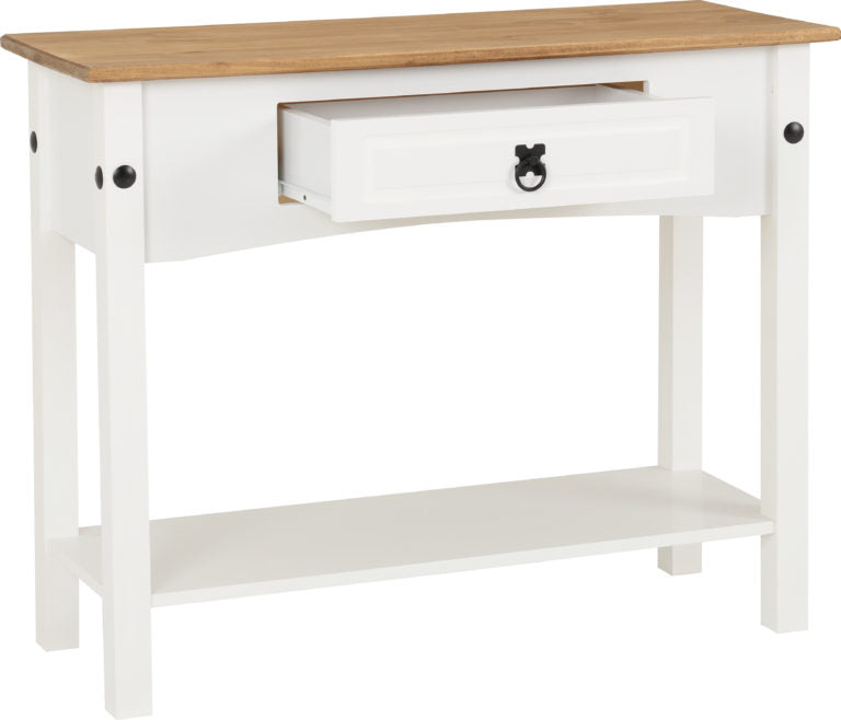 Corona 1 Drawer Console Table with Shelf White/Distressed Waxed Pine- The Right Buy Store