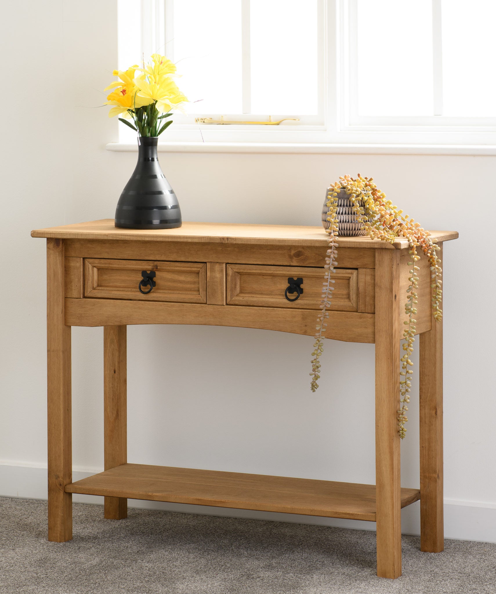 Corona 2 Drawer Console Table With Shelf- Distressed Waxed Pine