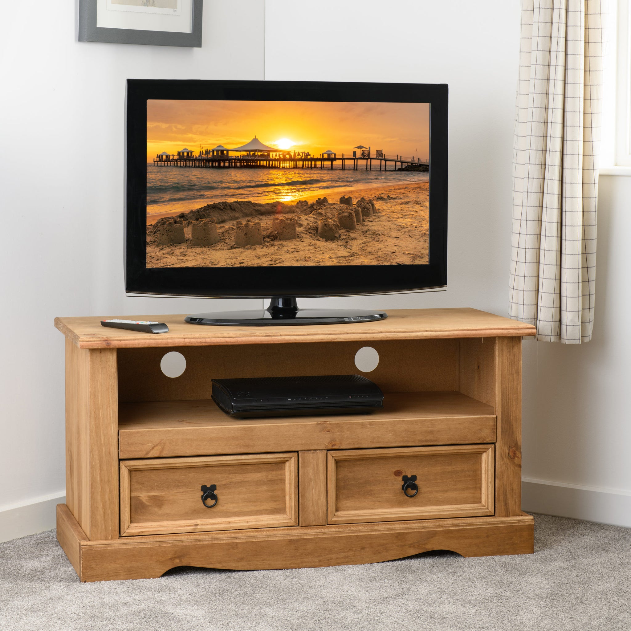Corona 2 Drawer Flat Screen TV Unit - Distressed Waxed Pine