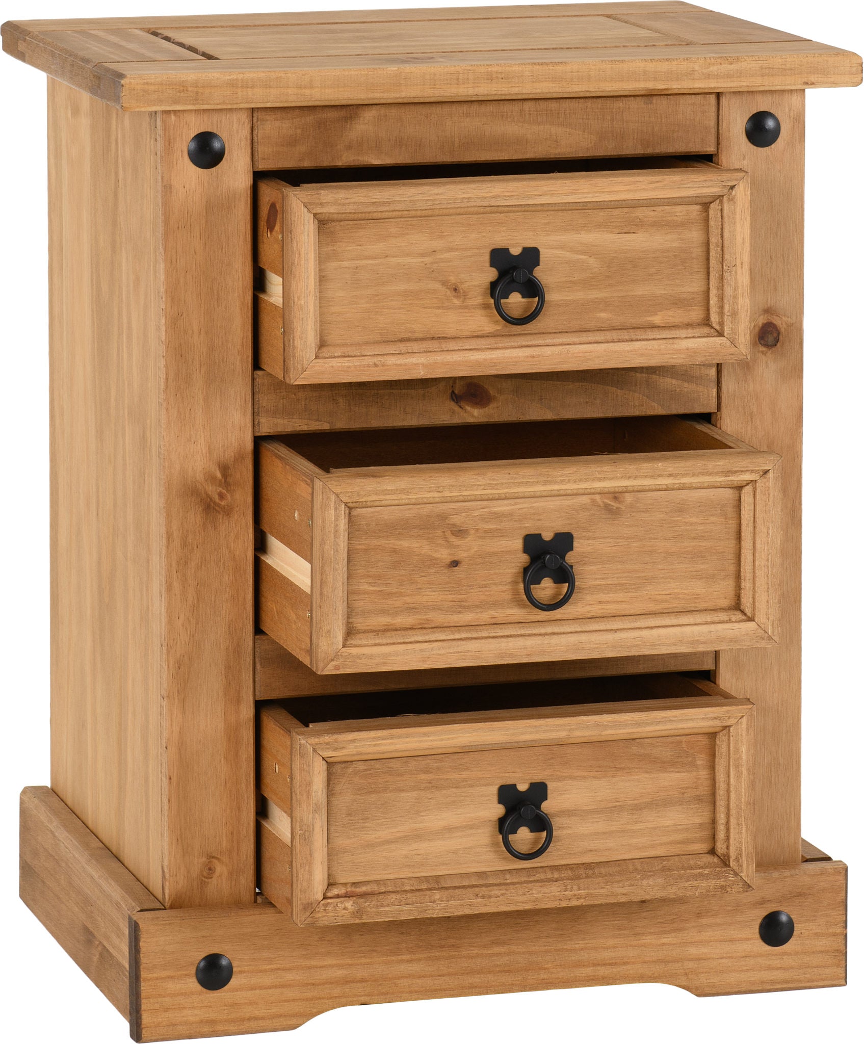 Corona 3 Drawer Bedside- Distressed Waxed Pine