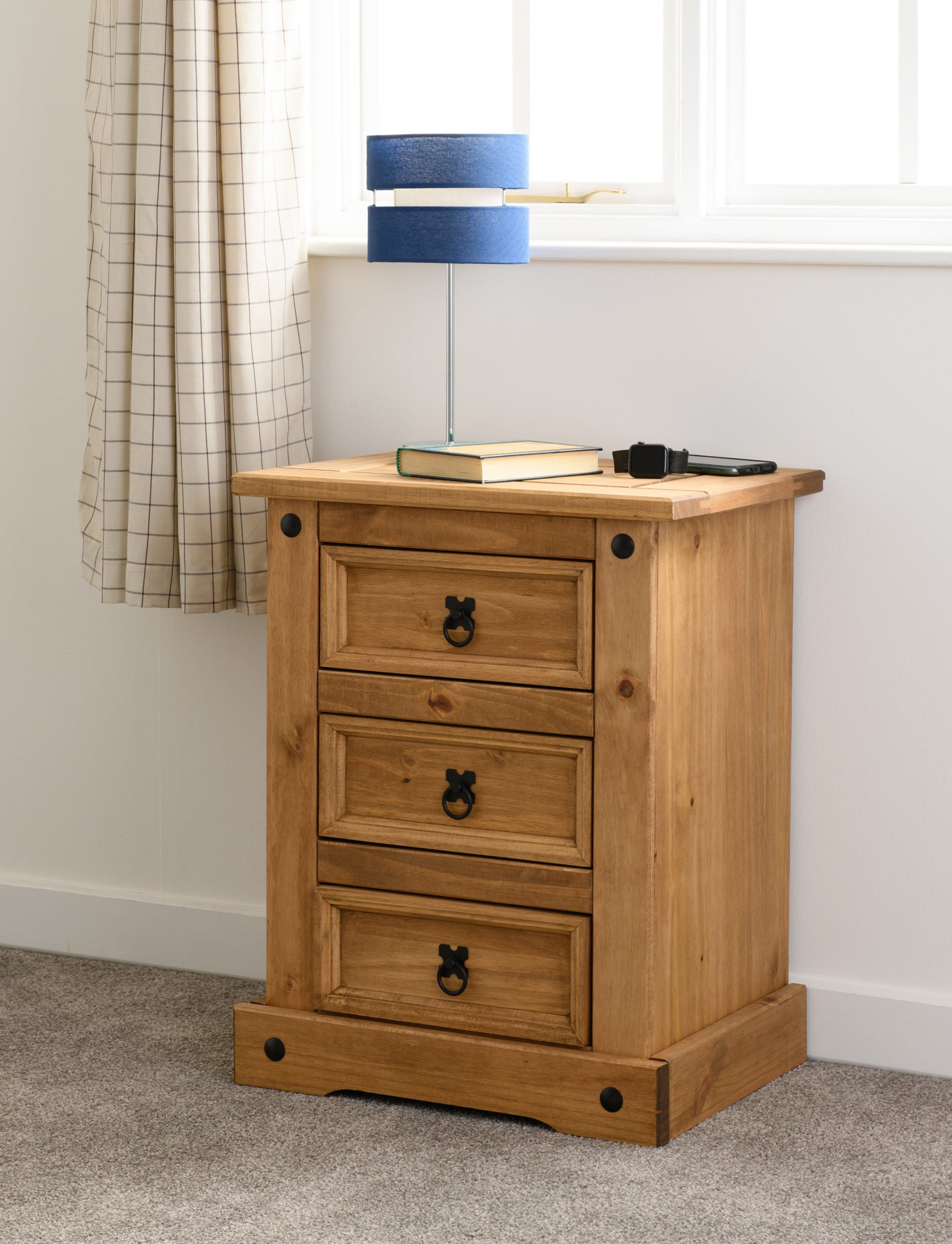 Corona 3 Drawer Bedside- Distressed Waxed Pine