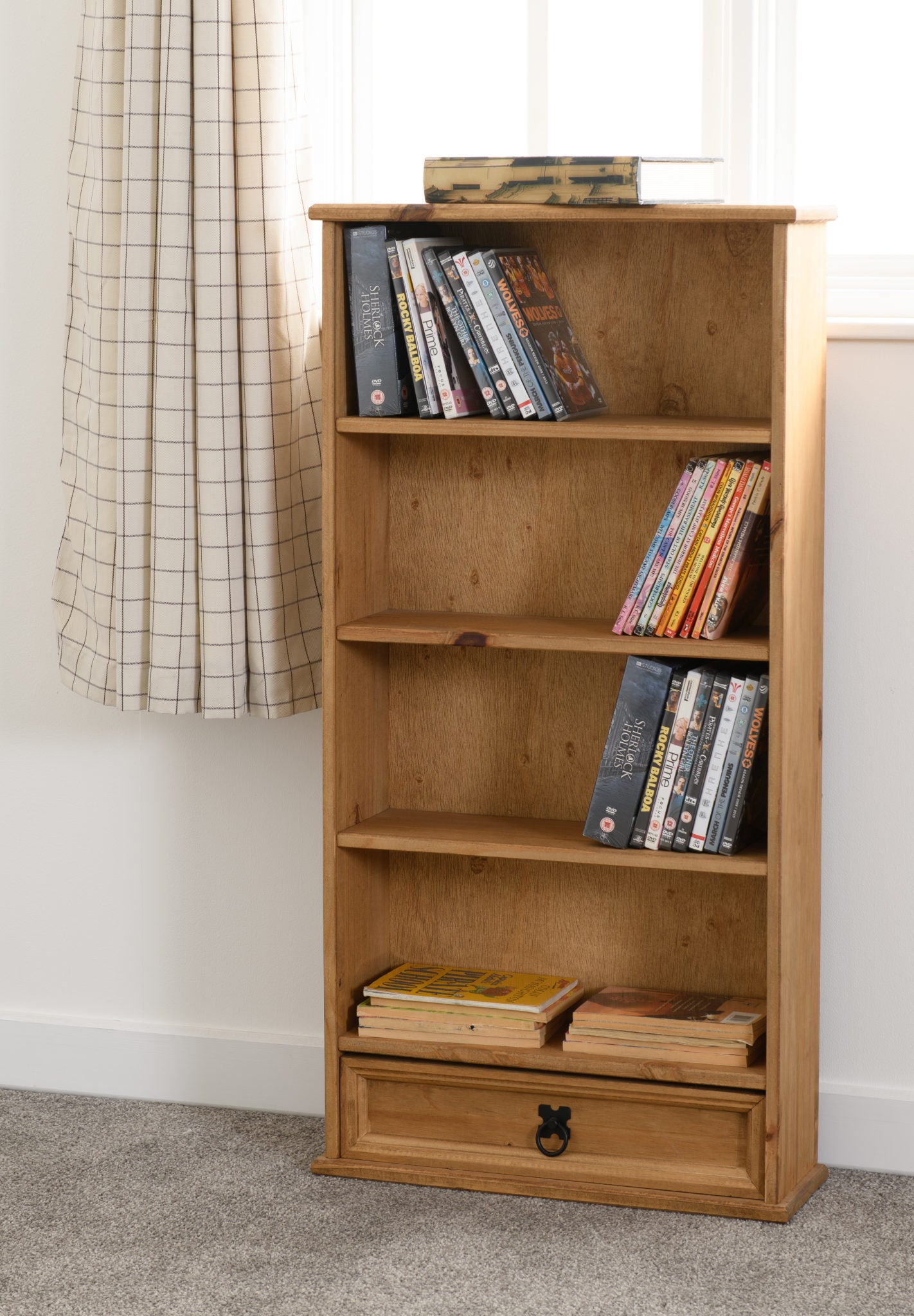 Corona 1 Drawer DVD Rack / Bookcase - Distressed Waxed Pine