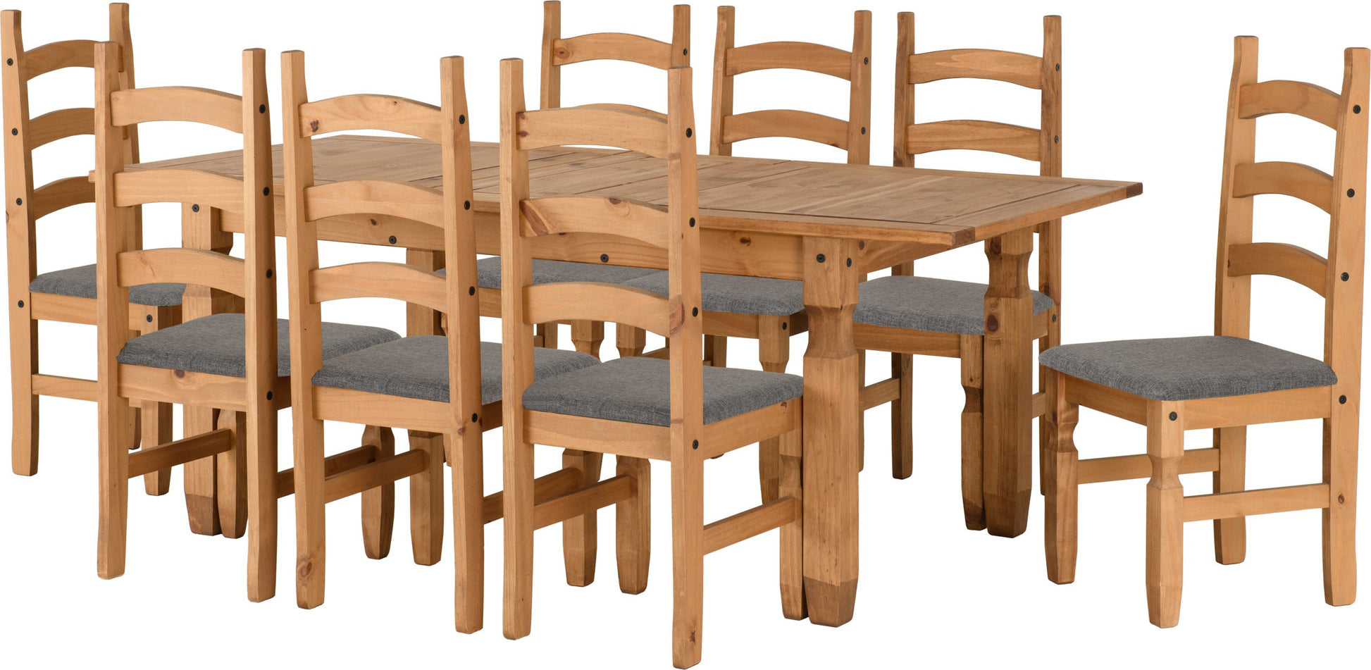 Corona Extending Dining Set (8 Chairs) - Distressed Waxed Pine/Grey Fabric