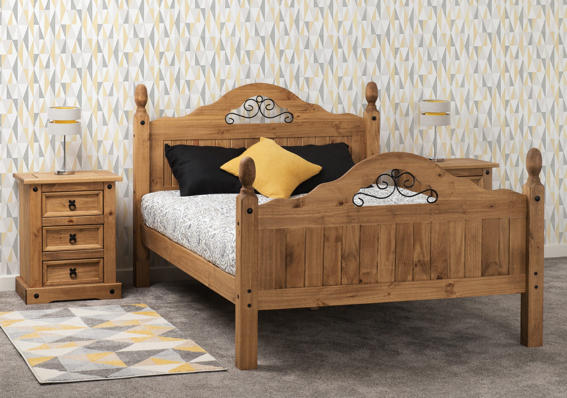 Corona Scroll 4'6"  Double Bed High Foot End- Distressed Waxed Pine