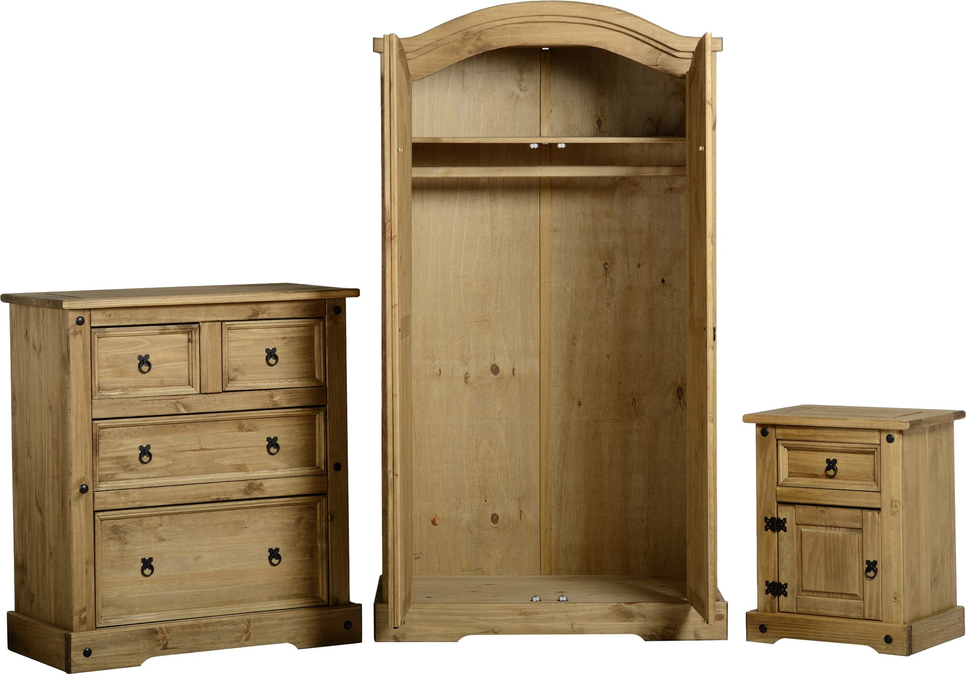 The Corona Trio Bedside Locker, Chest of Drawers, and Wardrobe Set