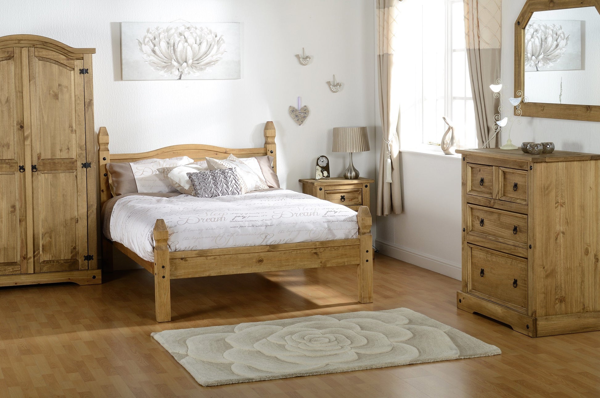 The Corona Trio Bedside Locker, Chest of Drawers, and Wardrobe Set