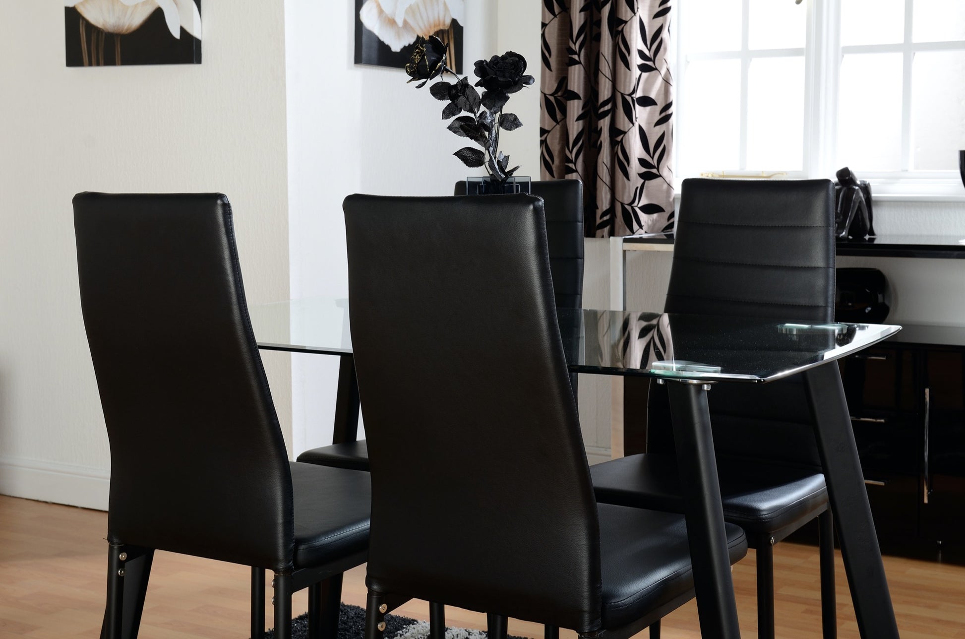 Abbey Dining Set Clear Glass/Black/Black Faux Leather- The Right Buy Store