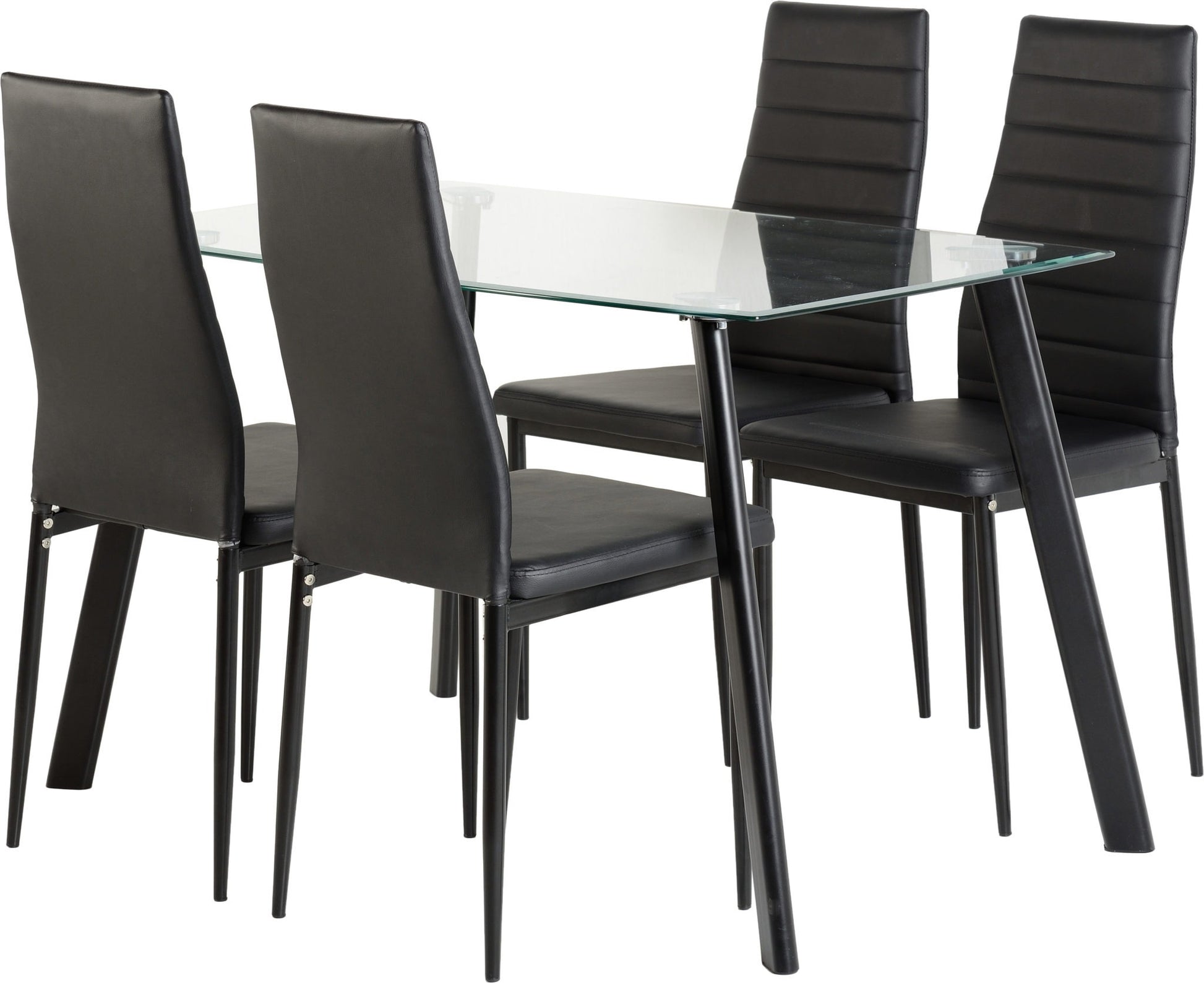 Abbey Dining Set Clear Glass/Black/Black Faux Leather- The Right Buy Store