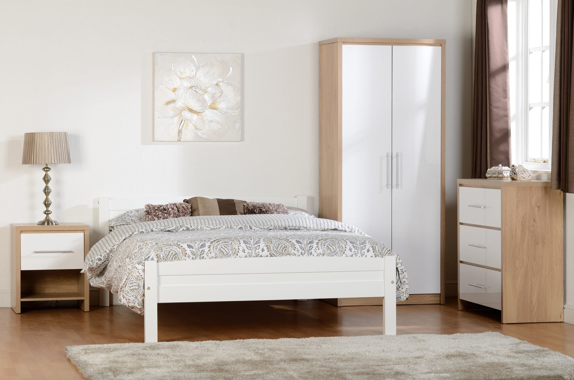  Bedroom picture with Seville 2 Door Wardrobe, chest of drawers and bedside locker - White High Gloss/Light Oak Effect Veneer