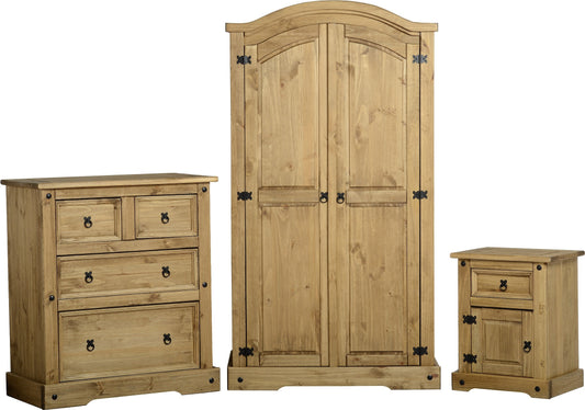 The Corona Trio Bedside Locker, Chest of Drawers, and Wardrobe Set