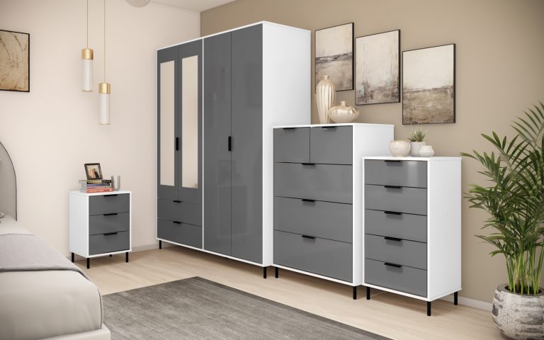 Madrid 4 Door 2 Drawer Mirrored Wardrobe - Grey/White Gloss