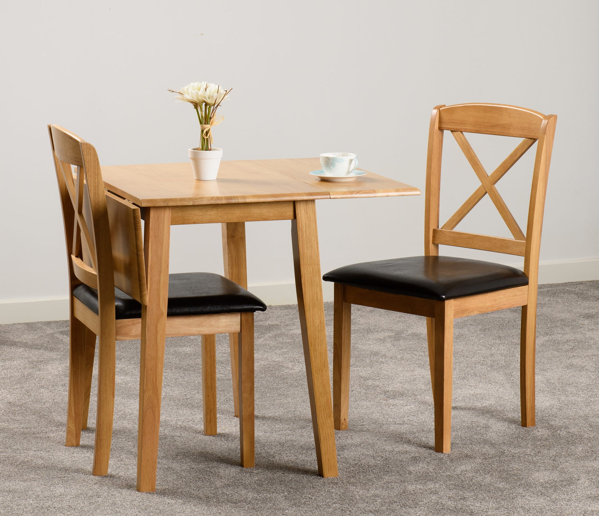 Mason Double Drop Leaf Dining Set - Oak Varnish/Brown Faux Leather