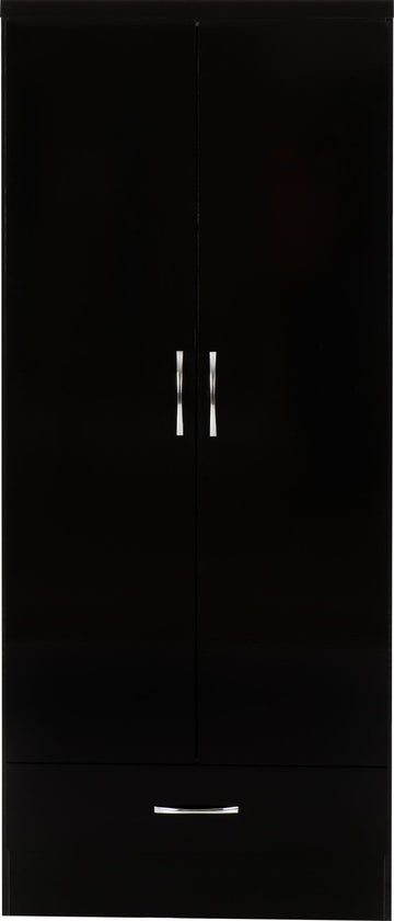 Nevada 2 Door 1 Drawer Wardrobe - Black Gloss