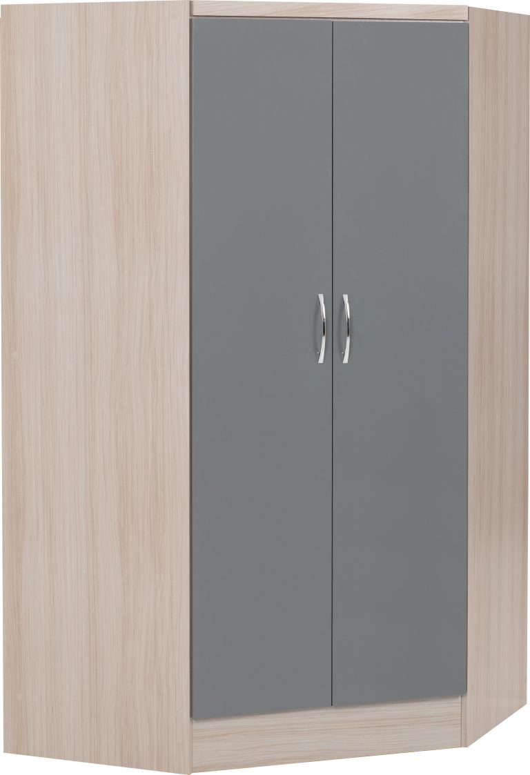 Nevada 2 Door Corner Wardrobe - Grey Gloss/Light Oak Effect Venee