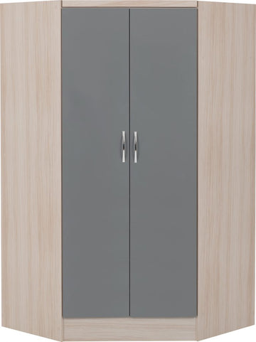 Nevada 2 Door Corner Wardrobe - Grey Gloss/Light Oak Effect Venee