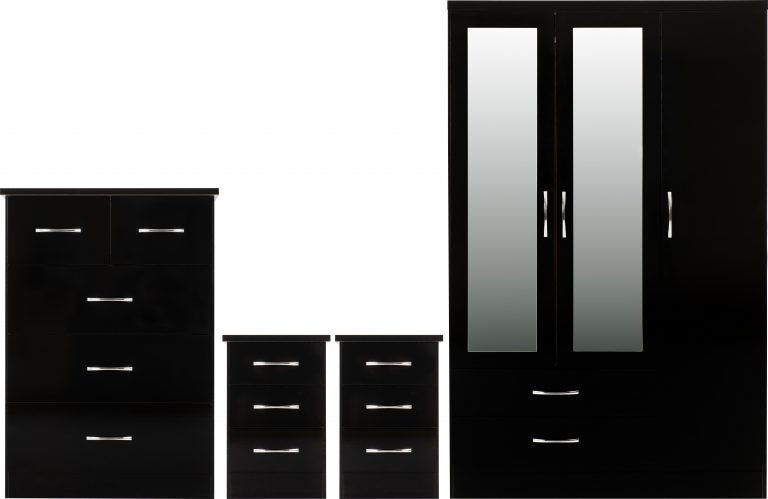 Nevada 3 Door 2 Drawer Mirrored Wardrobe Bedroom Set - Black Gloss