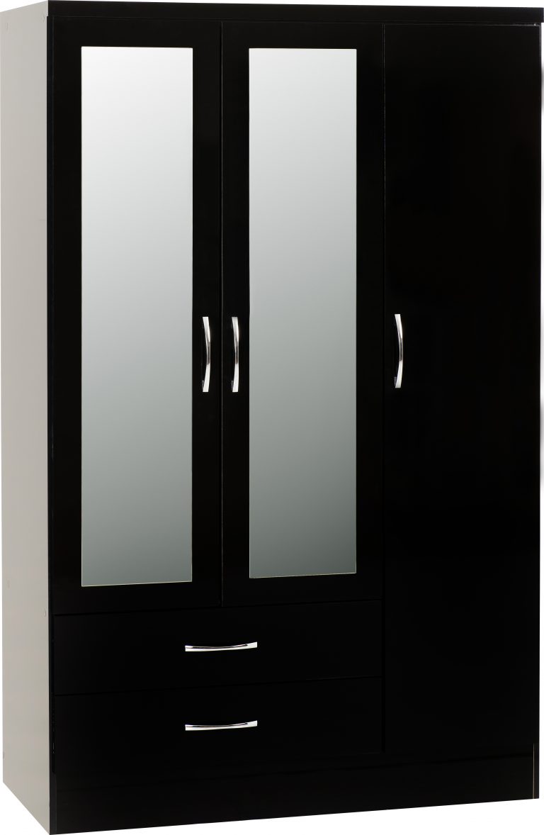 Nevada 3 Door 2 Drawer Mirrored Wardrobe - Black Gloss