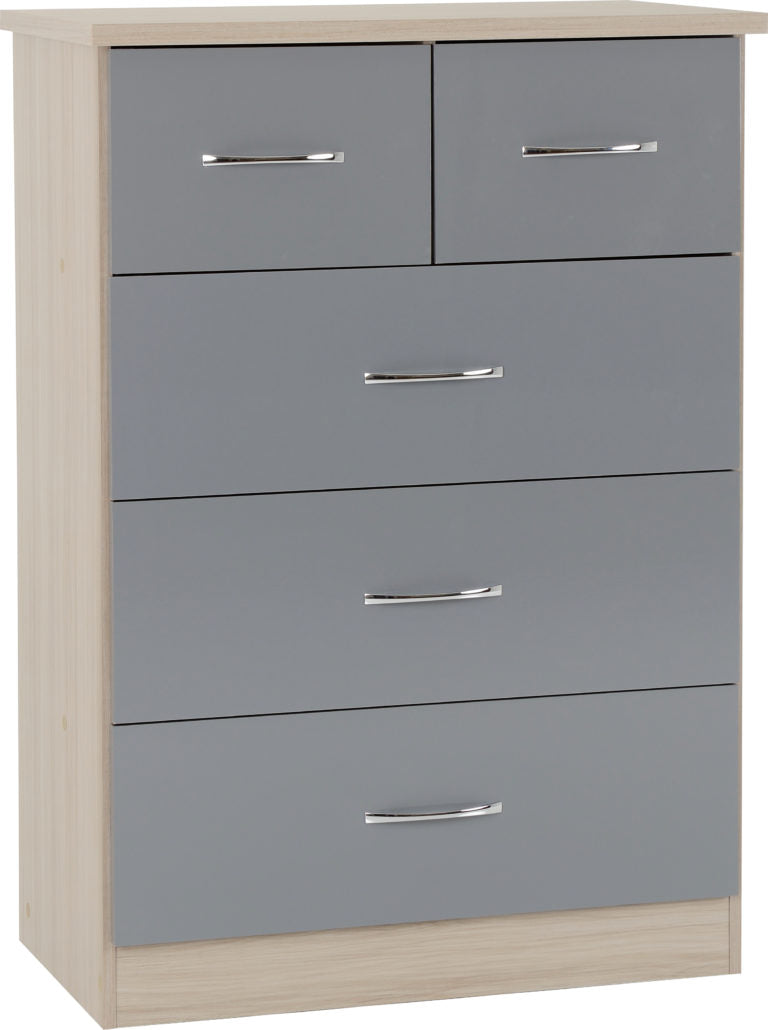 Nevada 4 Door 2 Drawer Mirrored Wardrobe Bedroom Set - Grey Gloss/Light Oak Effect Veneer