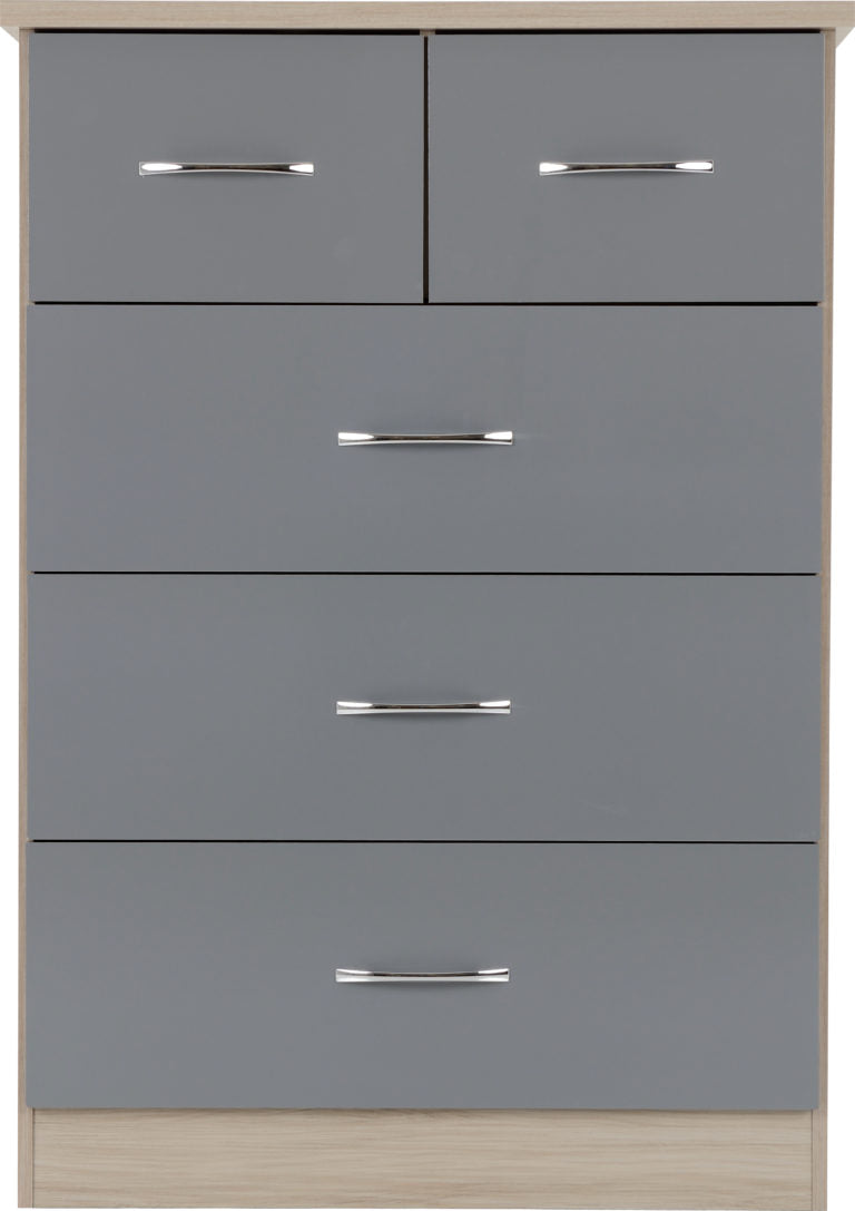 Nevada 4 Door 2 Drawer Mirrored Wardrobe Bedroom Set - Grey Gloss/Light Oak Effect Veneer