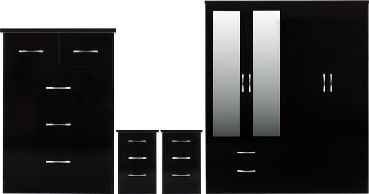 Nevada 4 Door 2 Drawer Mirrored Wardrobe Bedroom Set -  Black Gloss