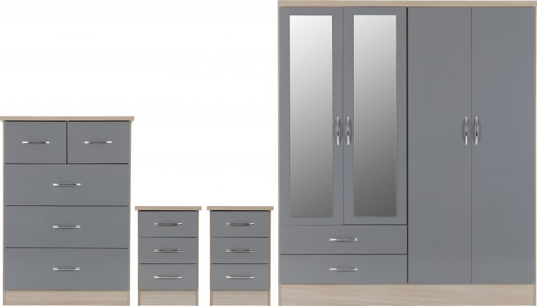 Nevada 4 Door 2 Drawer Mirrored Wardrobe Bedroom Set - Grey Gloss/Light Oak Effect Veneer