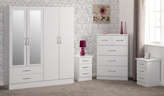 Nevada 4 Door 2 Drawer Mirrored Wardrobe Bedroom Set - White Gloss