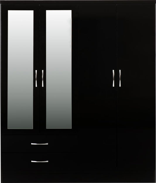 Nevada 4 Door 2 Drawer Mirrored Wardrobe - Black Gloss