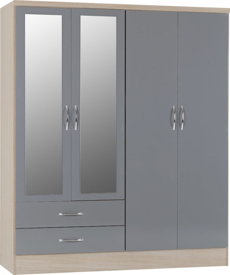 Nevada 4 Door 2 Drawer Mirrored Wardrobe Bedroom Set - Grey Gloss/Light Oak Effect Veneer