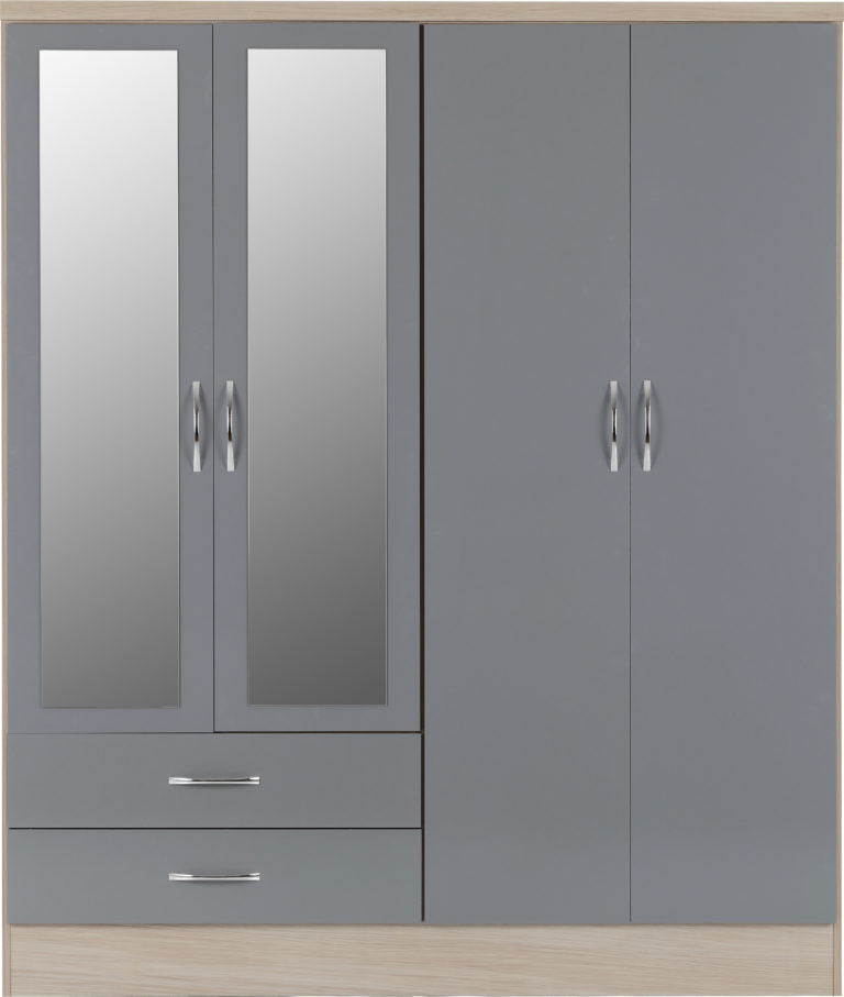 Nevada 4 Door 2 Drawer Mirrored Wardrobe Bedroom Set - Grey Gloss/Light Oak Effect Veneer