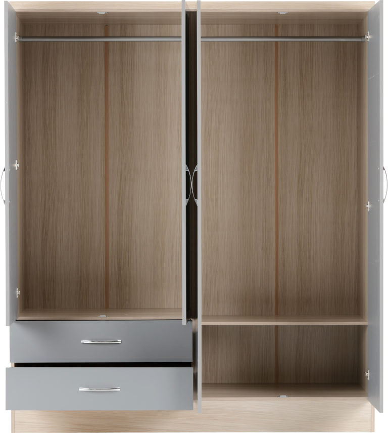 Nevada 4 Door 2 Drawer Mirrored Wardrobe Bedroom Set - Grey Gloss/Light Oak Effect Veneer