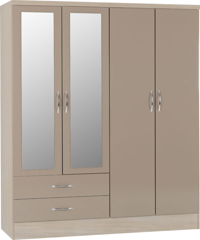 Nevada 4 Door Mirrored Wardrobe - Oyster Gloss/Light Oak Effect Veneer