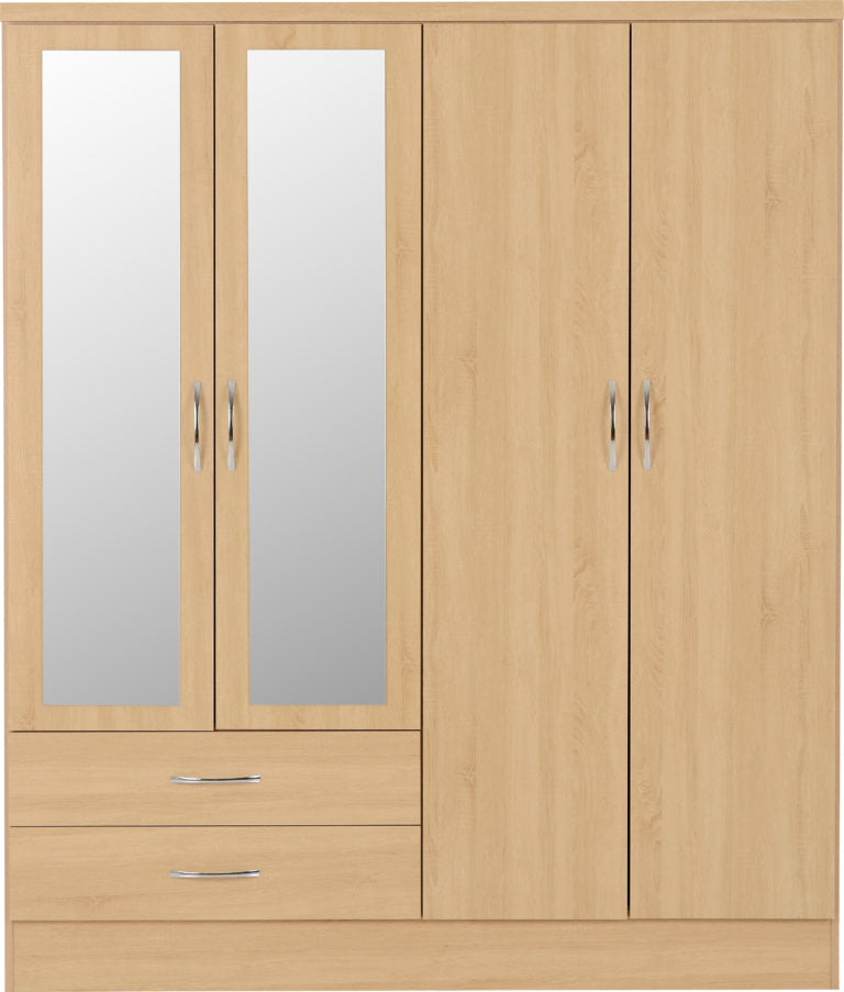 Nevada 4 Door 2 Drawer Mirrored Wardrobe - Sonoma Oak Effect