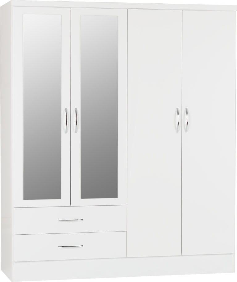 Nevada 4 Door 2 Drawer Mirrored Wardrobe Bedroom Set White Gloss- The Right Buy Store