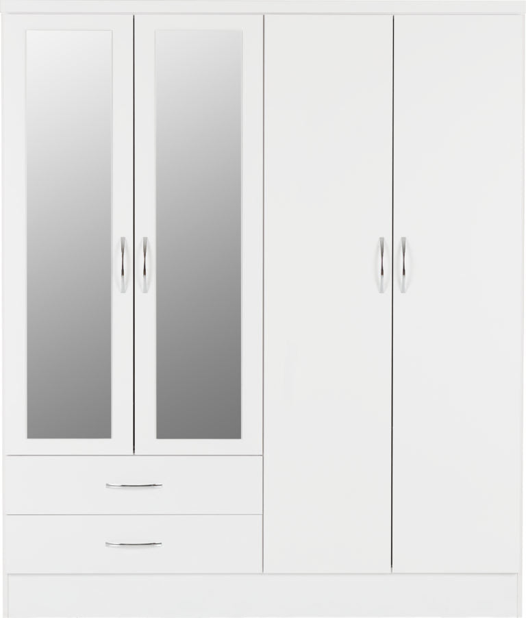 Nevada 4 Door 2 Drawer Mirrored Wardrobe Bedroom Set White Gloss- The Right Buy Store