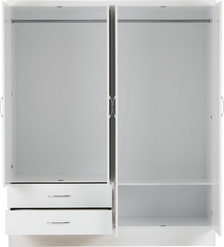 Nevada 4 Door 2 Drawer Mirrored Wardrobe Bedroom Set White Gloss- The Right Buy Store