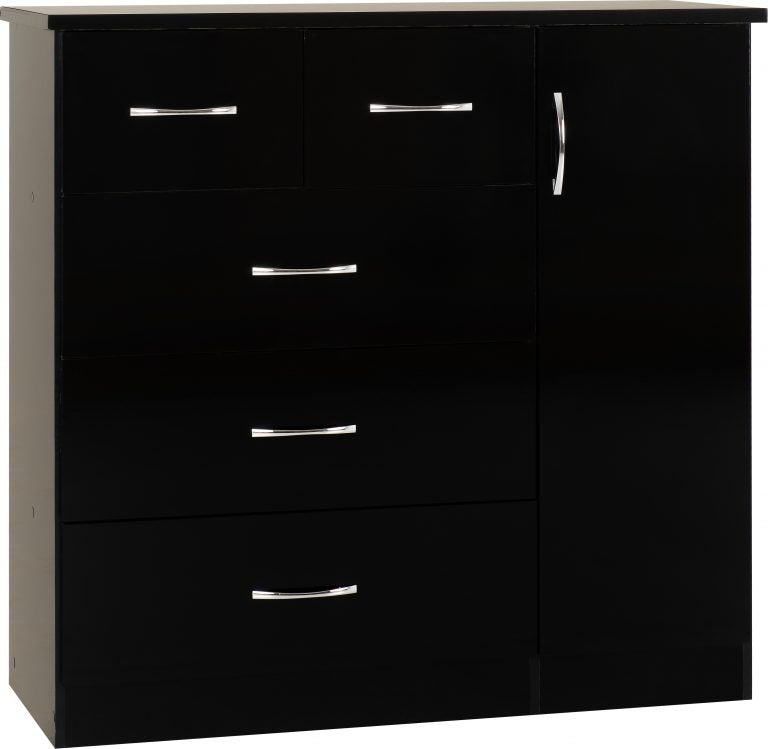 Nevada 5 Drawer Low Wardrobe - Black Gloss