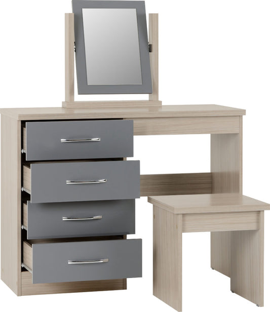 Nevada 4 Drawer Dressing Table Set Grey Gloss/Light Oak Effect Veneer